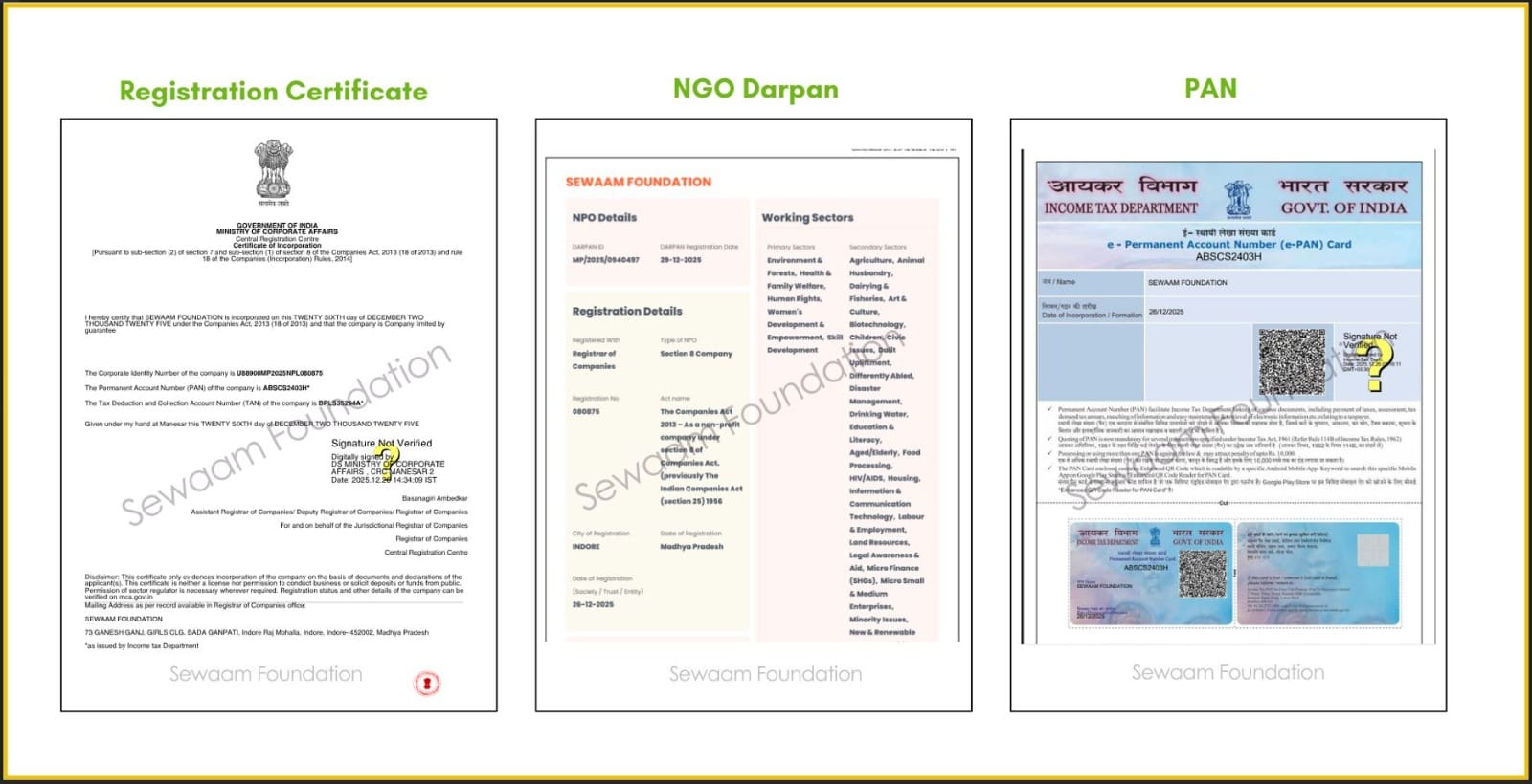 Registration, Darpan, PAN Documents